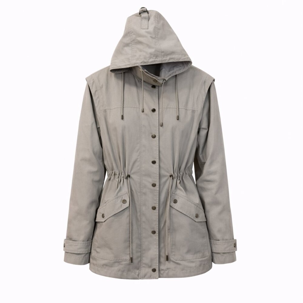 NY & Co Taupe Utility Jacket Hooded Lightweight Anorak Drawstring Chic Layer M